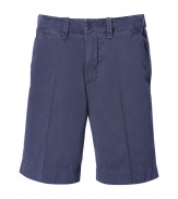 Stylish shorts in fine, pure navy cotton - Soft yet durable fabric has a rugged, well-worn look - Longer Bermuda cut with belt loops, zip fly and button closure - Slash pockets at sides, flap pockets at rear - Crease detail elongates the silhouette - Relaxed and casually cool, great for everyday leisure - Pair with button downs, t-shirts and polos