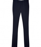 Bring instant luxe to your cocktail-party attire with these modernized tuxedo pants from Neil Barrett- Flat front, off-seam pockets, back welt pockets with button, slim fit, classic tuxedo stripe down leg - Style with a sleek button down, a classic blazer, and dress shoes