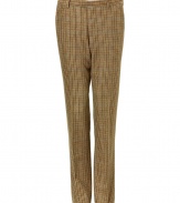 Dress up in modern dandy style in these whimsical checked pants from Etro - Flat front, belt loops, off-seam pockets, back welt pockets with button, slim fit, all-over check print - Style with a fitted blazer, a neutral-hued button down, and suede ankle boots