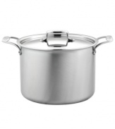 A professional promise. A must-have for making masterpiece meals, this covered stockpot features high sides that slow the evaporation of liquids when creating stocks, a wide bottom for sauteing ingredients for stews and soups and a versatile design for canning, blanching and prepping large meals for guests. Five alternating layers of aluminum and stainless steel promote even heating and eliminate hot spots. Lifetime warranty.