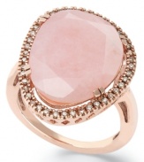 Pink polish. This beautiful statement ring features an asymmetrical pink opal (10-3/4 ct. t.w.) that pops against a sparkling diamond frame (1/4 ct. t.w.). Set in 14k rose gold over sterling silver. Size 7.