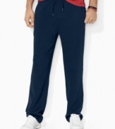 A classic-fitting drawstring pant in soft ribbed cotton is designed for casual comfort and style.