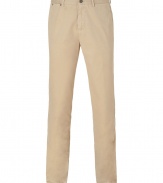 Classic beige gabardine chino from Seven for All Mankind - This modern take on the classic chino is a versatile must-have - Flat front, side and back pockets, classic cut - Pair with a cashmere pullover, military-inspired jacket, and motorcycle boots