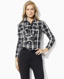 This classic cotton workshirt from Ralph Lauren gets an ultra-feminine update with cascading ruffles, shiny faceted buttons and a preppy plaid pattern for a chic look.