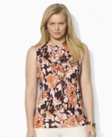 A feminine ruffled placket creates a romantic flourish on a cotton jersey plus size top, from Lauren by Ralph Lauren.