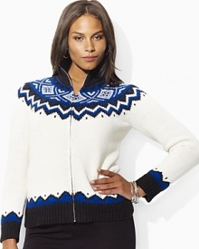 A classic Fair Isle pattern and cozy mockneck collar create an elegant heritage quality on the Feleshia full-zip cardigan, rendered in a soft cotton blend.