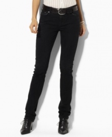 A chic skinny silhouette lends contemporary polish to Lauren Jeans Co.'s classic denim jeans, rendered with a hint of stretch for a flattering fit.