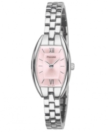 A timeless watch silhouette gets a modern upgrade with pink hues on this Pulsar timepiece.