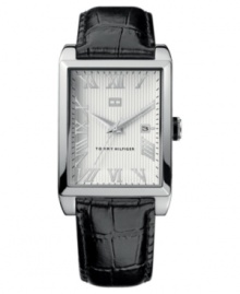 This Tommy Hilfiger watch captures traditional style with a suave exterior. Black croc-embossed leather strap and rectangular silvertone mixed metal case. Textured silvertone dial with tonal Roman numerals, logo and date window. Quartz movement. Water resistant to 30 meters. Ten-year limited warranty.