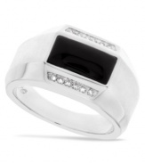 Stay true to your sophisticated side. This stately men's ring features a rectangular onyx stone (2-5/8 ct. t.w.) anchored by two rows of round-cut diamonds (1/8 ct. t.w.). Set in sterling silver. Size 10-1/2.