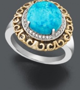 Bold color to match your baby blues. This versatile ring features an ornate 14k gold and sterling silver setting with a turquoise center stone surrounded by round-cut diamond accents. Size 7.