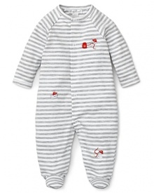 With snappy stripes and embroidered firefighter puppies, this footie is four-alarm cute.