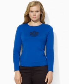 Rendered in a lightweight cotton knit, Lauren Ralph Lauren's soft plus size top features a tiered ruffle trim along the neckline for feminine charm.