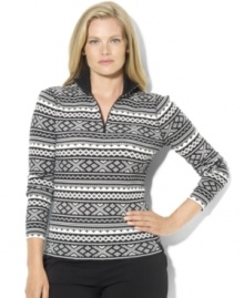 Lauren Ralph Lauren's soft waffle-knit cotton top is a festive choice for the season, crafted with an allover Fair Isle pattern and a zippered mockneck.