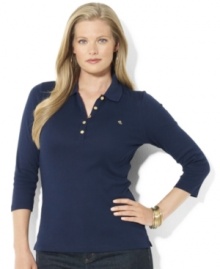 Designed for a classic, feminine fit in soft finely ribbed cotton, Lauren Ralph Lauren's three-quarter-sleeved plus size polo shirt with metallic Lauren Ralph Lauren-engraved buttons is a wardrobe staple.