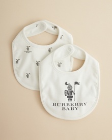 Almost too cute to dribble on, this adorable bib set features Burberry Baby logo lettering and cool coat of arms graphics.