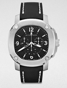 A technical timepiece with a brushed, stainless steel case and a luxurious, stitched leather strap. Quartz movementWater resistant to 10 ATMOctagonal stainless steel case, 47mm (1.9) Screw accented bezelBlack chronograph dialBar and numeric hour markersDate display at 4 o'clockSecond hand Black stitched leather strapMade in Switzerland 