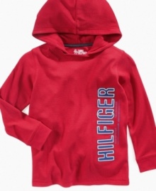 Let the little guy make a great big style statement in this graphic hoodie from Tommy Hilfiger with its oversized HILFIGER log in front and oversized HILFIGER 85 graphic on back.