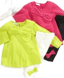 Funky and fun this neon tunic and solid pants set by First Impressions has adorable bow details she'll love.