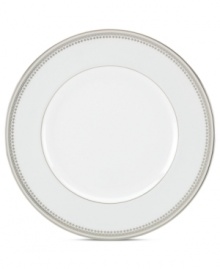 Spun with shimmering platinum, the Belle Haven accent plate by Lenox has all the elegance of white china – with a playful twist! Delicate beading and an extra flourish add to its enchanting style.