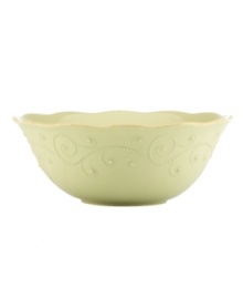 With fanciful beading and a feminine edge, this Lenox French Perle serving bowl has an irresistibly old-fashioned sensibility. Hard-wearing stoneware is dishwasher safe and, in a soft pistachio hue with antiqued trim, a graceful addition to every meal. Qualifies for Rebate