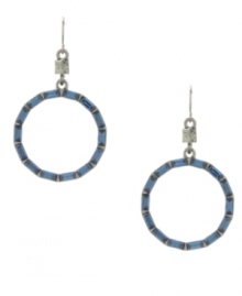 Chic cobalt. Vibrant blue-hued baguette crystals add a bold burst of color to Kenneth Cole New York's hoop earrings. Featuring a square crystal accent at the post, they're crafted in hematite tone mixed metal. Approximate drop: 2 inches.