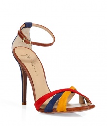 Candy-colored suede straps amp up the style factor of these ultra-luxe sandals - Primary colored front straps, contrasting ankle strap and stiletto heel- Wear with knee socks, an A-line dress, and a boyfriend cardigan