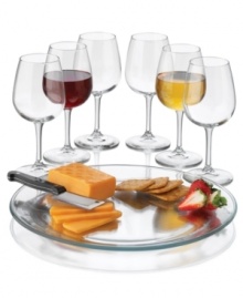 The recipe for easy wine and cheese parties, this Libbey set of drinking glasses includes dishwasher-safe stemware and serveware for you and five friends. A cheese knife allows everyone to portion and personalize every delicious bite.