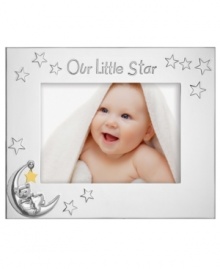 Let him shine. Cherish special moments in the Best Wishes Our Little Star picture frame, featuring polished silver plate with an embossed bear in the moon and dangling star. A cute gift for new parents, from Lenox. Qualifies for Rebate