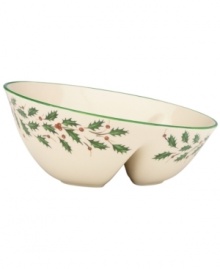 A perfect host for snacks or sides, this divided server is trimmed with green and a holly motif to match the beloved Lenox Holiday dinnerware collection.