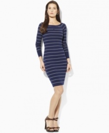 A ribbed cotton dress is made into a casual wardrobe staple with a chic boatneck and raglan sleeves, from Lauren Jeans Co.