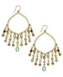 Bohemian bliss. Lauren by Ralph Lauren's gypsy hoops shine with the addition of multicolored acrylic stones and glass pearls (4 mm). Set in 14k gold-plated mixed metal. Approximate drop: 3 inches. Approximate diameter: 1/2 inch.