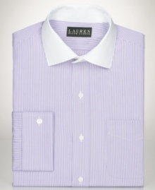 Bengal stripes and a slim fit on this Lauren by Ralph Lauren dress shirt make sure you get noticed anywhere you go.