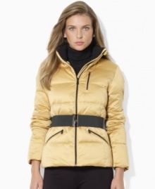 A modernized classic, Lauren Ralph Lauren's mockneck down coat is given a chic belt for a slimming and stylish look.