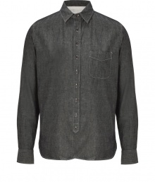 With a modern slim fit and partial button-down front, Rag & Bones black heather cotton shirt is an easy way to add an understated Downtown edge to your outfit - Spread collar, long sleeves, buttoned cuffs, partial button placket, chest pocket, shirttail hemline - Slim fit - Wear with jeans and suede lace-ups