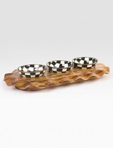 Beautifully hand-painted, checkered steel bowls rest atop an elegantly handcrafted, wavy acacia wooden platter.Carved acacia wood will not absorb stains or odorsDurable steel bowls with stainless steel rimHand wash8.5 X 18.5Imported