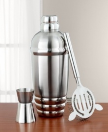 Whether you prefer it shaken or stirred, this classic set worthy of James Bond inspires the perfect martini. Rendered in  polished stainless steel, the shaker, strainer and jigger are the accouterments that allow you to create the perfectly-made drink each and every time. Imported. Qualifies for Rebate