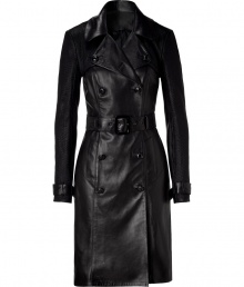 The ultimate investment piece, this supple leather trench from Jitrois will upgrade any ensemble - Classic trench styling, buttoned-down spread collar, double-breasted, front button placket - Belted waist and cuffs, back slit, fitted silhouette - Wear with a figure-hugging cocktail sheath or an elevated jeans-and-tee ensemble