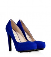 Finish your tailored look with a pop of color in Burak Uyans radiant sapphire suede platform pumps - Soft almond toe, overlasted platform, thick heel - Team with everything from tees and jeans to tailored sheath dresses or cocktail frocks