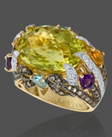 Unique and artistic, this gorgeous big-stone Le Vian 14k gold ring features oval-cut lemon quartz (11-1/2 ct. t.w.), pear-cut blue topaz (9/10 ct. t.w.), round-cut chocolate diamonds (7/10 ct. t.w.), pear-cut citrine (1/2 ct. t.w.) and round-cut tsavorite (2/5 ct. t.w.). Size 7.