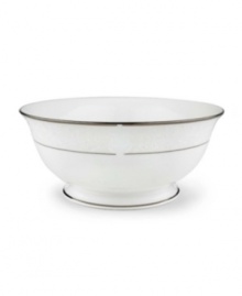 This classically designed serving bowl is accented by a platinum rim and a delicate flourish of vine-like, white-on-white imprints with raised, iridescent enamel dots. Measures 8-5/8 in diameter. From Lenox's dinnerware and dishes collection. Qualifies for Rebate