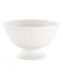 An elegant white-on-white pattern, embossed vine motif and interior glaze adorn this dessert bowl from Lenox dinnerware. The dishes from the Opal Innocence Carved collection get your table set for refined dining every day. Qualifies for Rebate