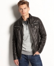 From X-Ray, a zip-up jacket that combines the best of a classic bomber with all the essential elements of this season's must-have moto jacket. In faux leather with front zipper, snap front pockets, and collar buckle.