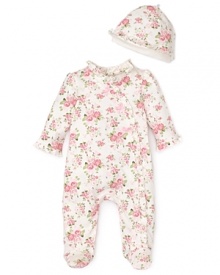 Little Me Infant Girls' Cabbage Rose Footie & Cap - Sizes 3-9 Months