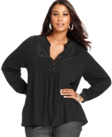 Dress up your denim with Lucky Brand Jeans' long sleeve plus size top, featuring a bib front.