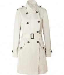 This edgy-cool trench brings a modern approach to a classic wardrobe staple - Double-breasted cut, epaulets, belted waist, flap pockets, back slit - Style with high-waisted skinny jeans, a bright sweater, and wedge booties