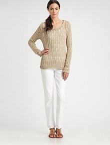 An alluring knit with a relaxed-yet-flattering fit and intriguing cable trim. ScoopneckLong sleevesAbout 25 from shoulder to hem62% linen/38% cottonMachine washImported