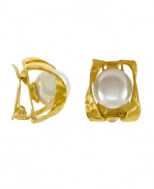 Add a touch of luxury to your look. Majorica earrings feature a white, organic, man-made pearl (10 mm) set in a swirling gold over sterling silver clip on setting. Approximate drop: 1 inch.