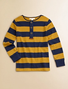 Bold rugby stripes on smooth knit have stand-out buttons and effortless style.Round necklineButton placket with signature tabLong sleeves with ribbed cuffsStraight hemCottonMachine washImported Please note: Number of buttons may vary depending on size ordered. 