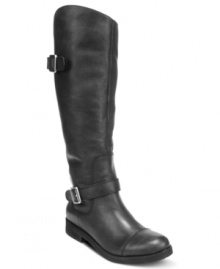 Asymmetrical style. Lucky Brand's Fanny boots have buckle detail at the ankle and around the back of the slanted shaft.